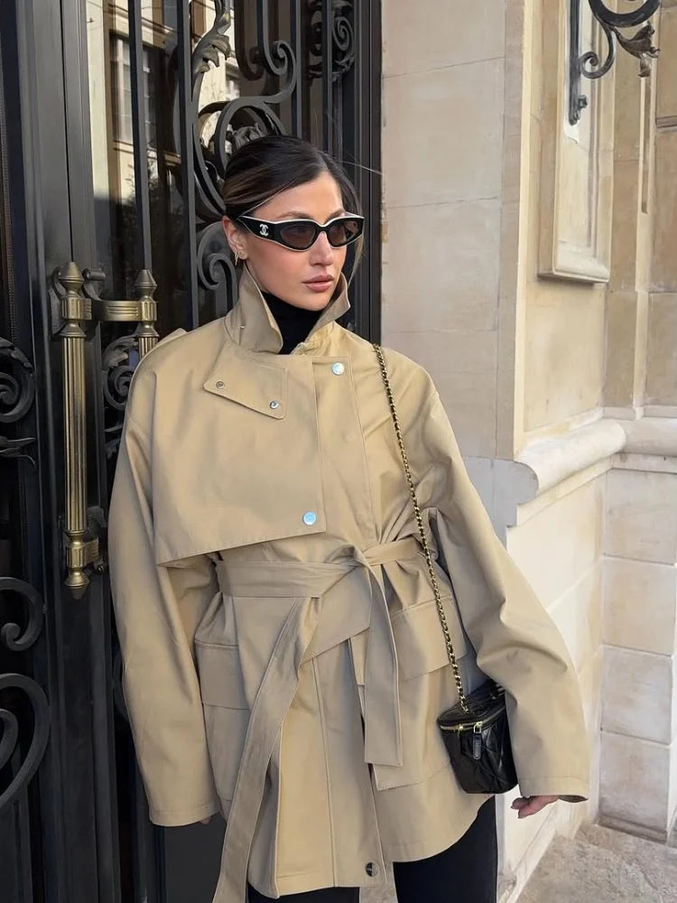 Khaki Belted Short Trench Coat