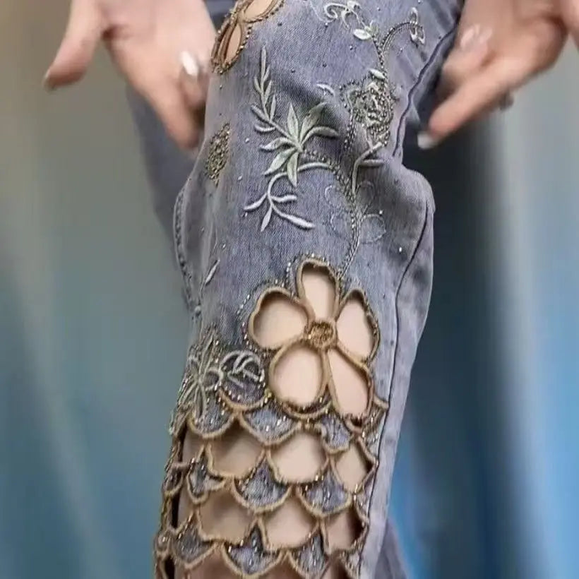 Embroidered denim jeans