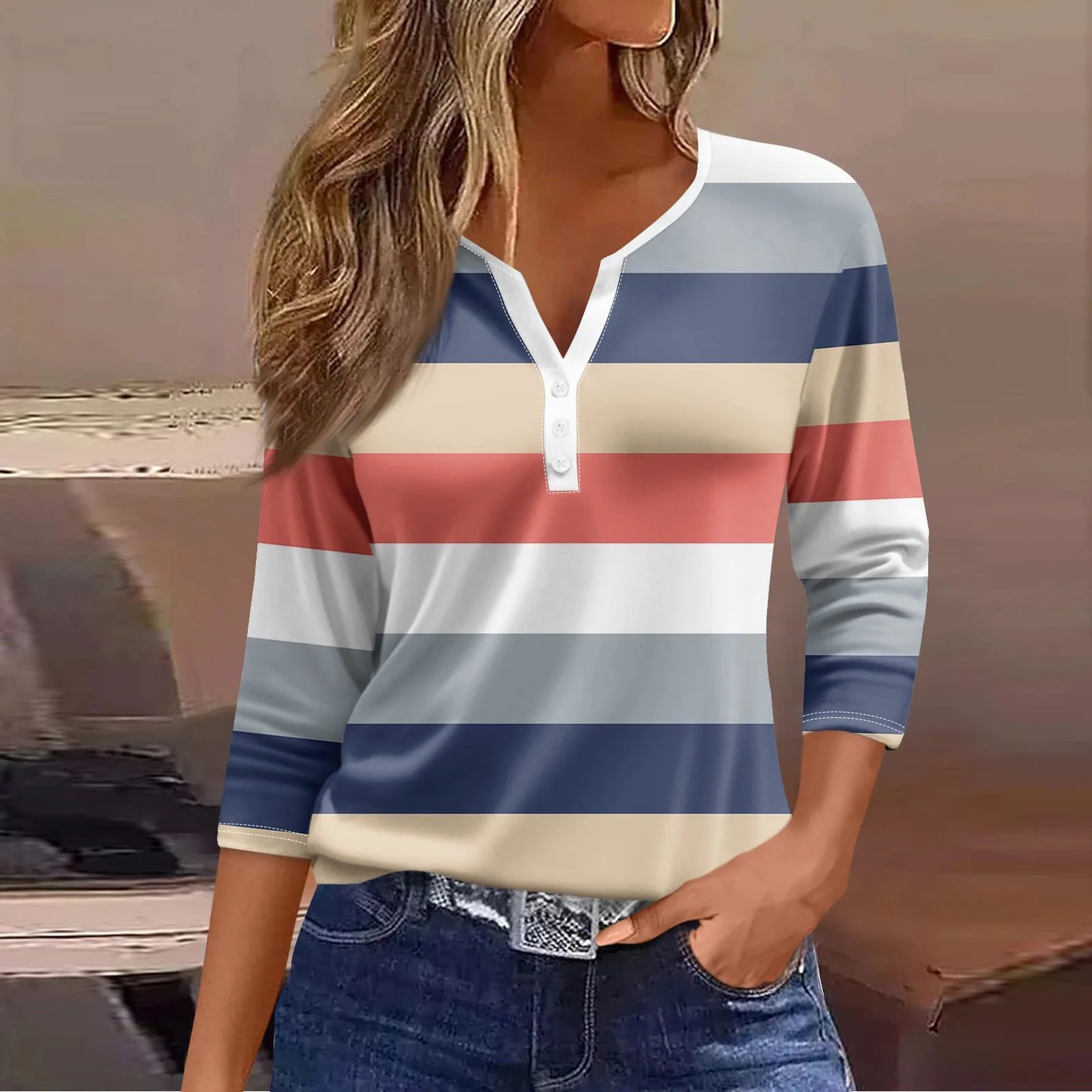 Casual V-Neck Top With 3/4 Sleeve