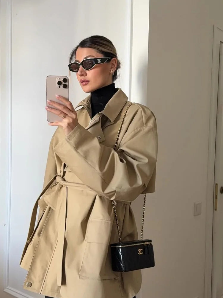 Khaki Belted Short Trench Coat